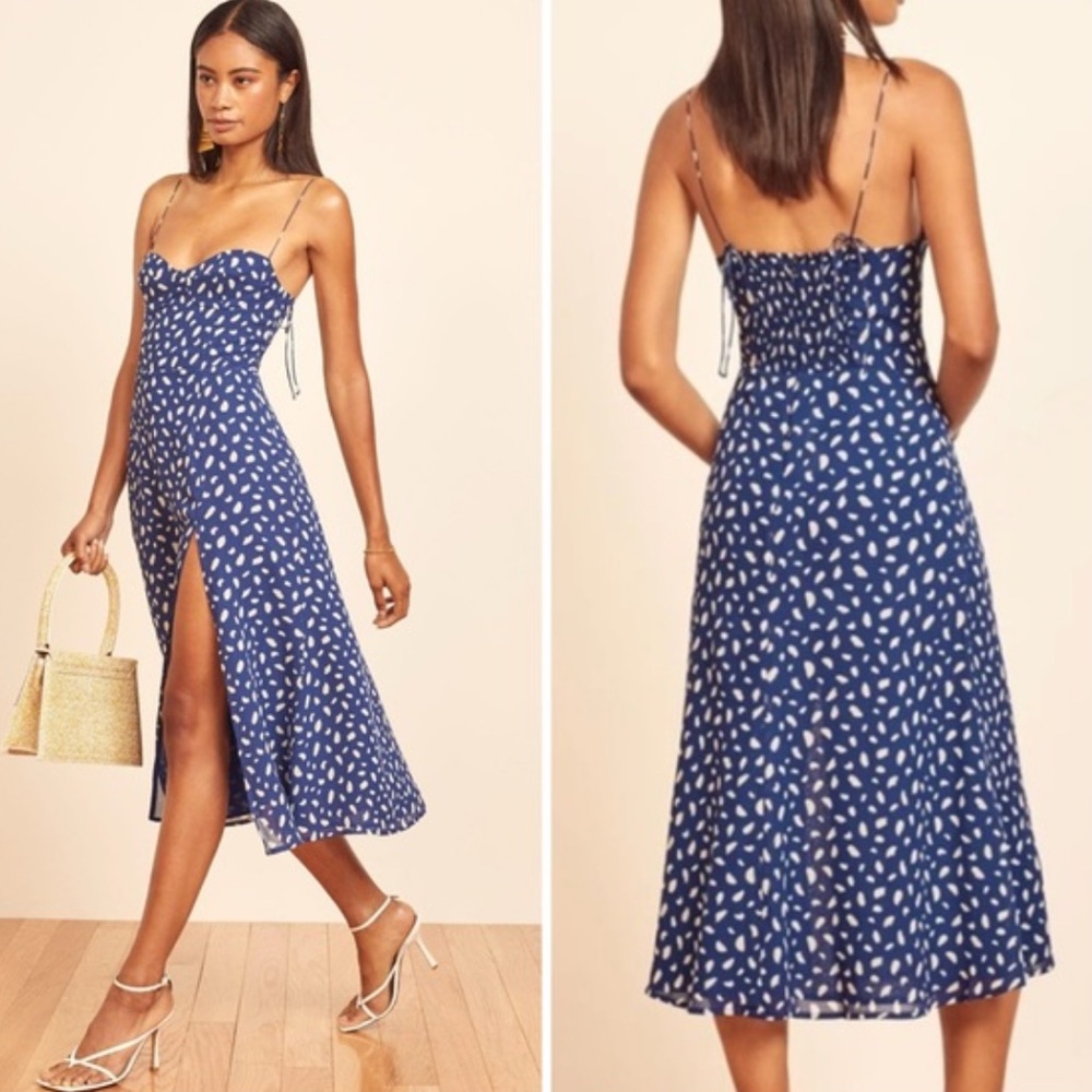 Reformation Kourney Blue and White Patterned Long Dress Moray XS